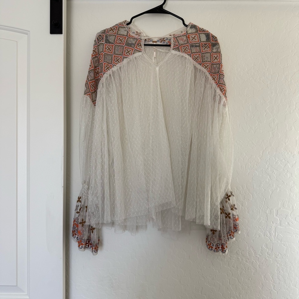 Free People Mesh Tulle Embroidered Sheer Blouse Bobo Fairy Festival Whimsy